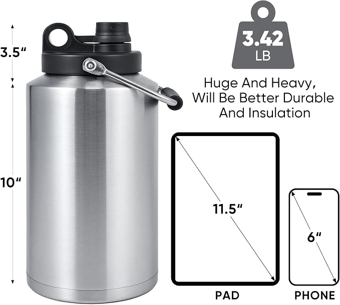 Insulated Gallon Jug with Handle, One Gallon, 128oz Stainless Steel, Large - Image 3