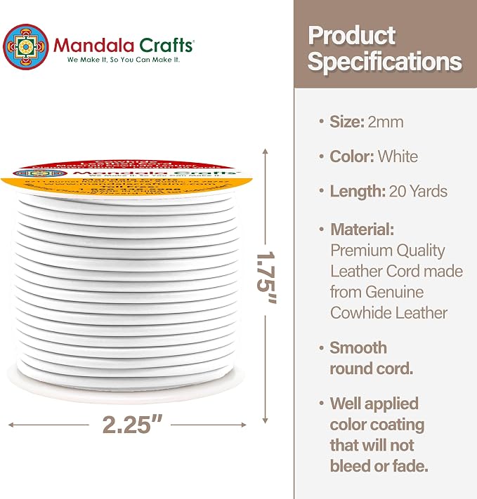 Mandala Crafts Round Cowhide Genuine White Leather Cord - Image 4