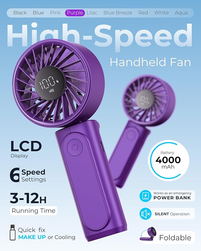 Peiyuu Portable Handheld Fan, USB Rechargeable 180° Foldable Mini Desk Fan - Image 2