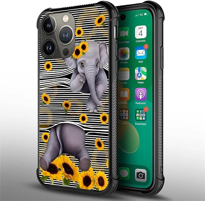 for iPhone 13 Pro Max Case, Cute Little Elephant Sunflower White Line Art - Image 4