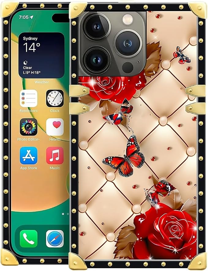 Compatible with iPhone 14 Pro Max Case, Shining Red Rose Butterfly Leather by Unknown