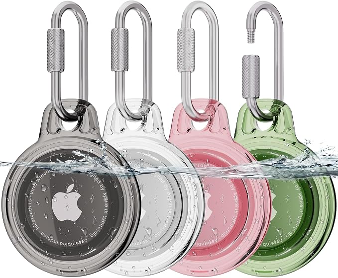AirTag Holder with 304 Carabiner, 4 Pack IPX8 Waterproof Shockproof PC Hard Case by HOME