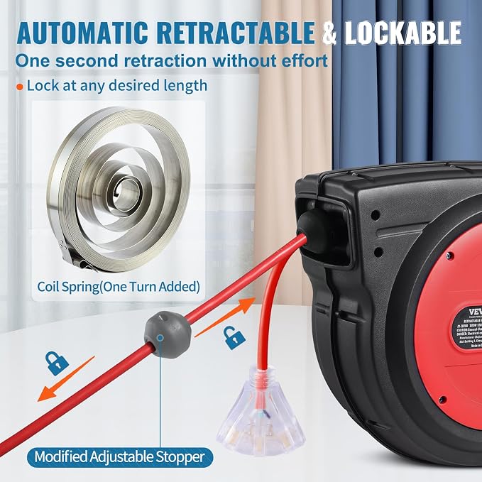 VEVOR 80FT Retractable Extension Cord Reel, 12AWG/3C SJTOW Heavy Duty Power - Image 5
