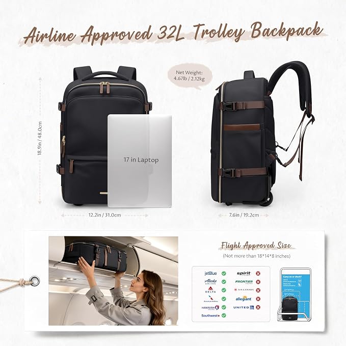 GOLF SUPAGS Rolling Backpack for Women 17 Inch Convertible Travel Laptop - Image 8