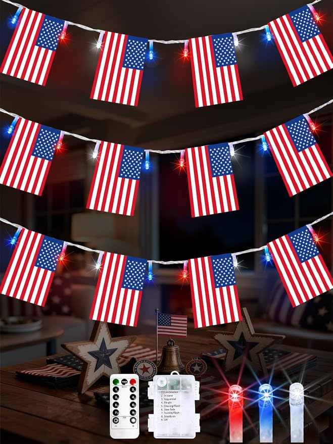 4th of July Decoration, 24FT 50LED Red White and Blue String Lights 25 American by EXF
