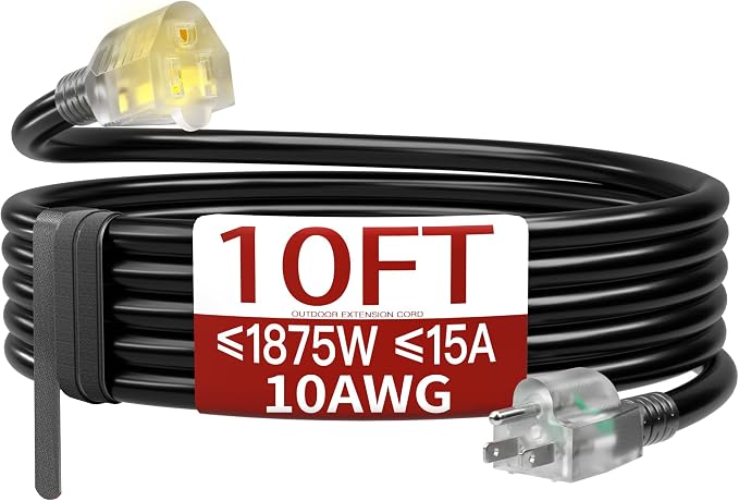 10 FT 10 Gauge Extension Cord Outdoor, Heavy Duty Weatherproof & Flame by Skrizcable