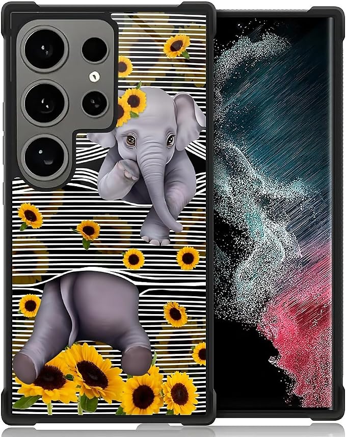 for Samsung Galaxy S24 Ultra Case, Cute Little Elephant Sunflower White Line by FKBRCL4U