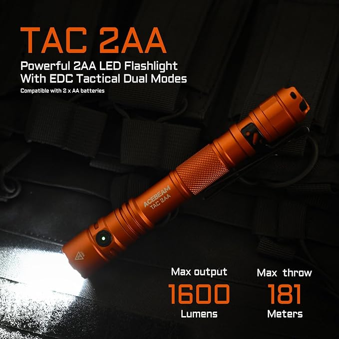 ACEBEAM TAC 2AA EDC Tactical Dual Modes Flashlight Rechargeable, 1600 High - Image 2