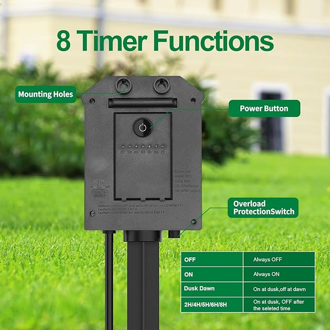 TiFFCOFiO Outdoor Power Stake Timer, 100FT Remote Control, Dusk to Dawn - Image 2