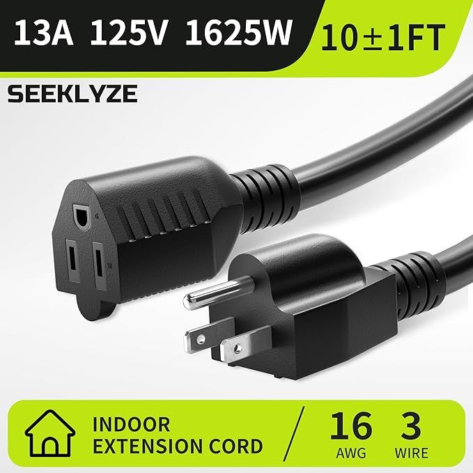 10 FT 13A 1625W 16/3 Black Extension Cord, Indoor Extension Cord - Image 3