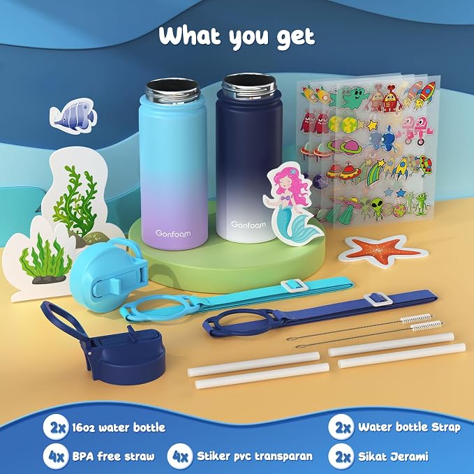 Kids Water Bottle, insulated Stainless Steel Straw Cup - Image 2