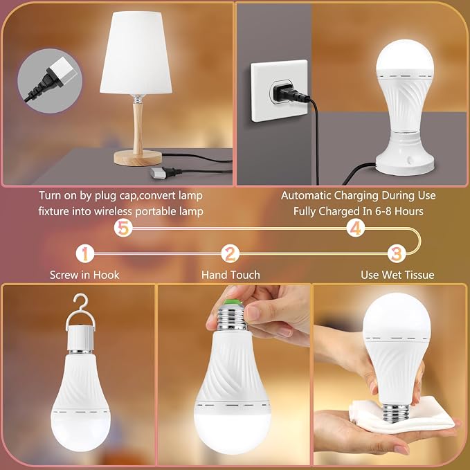 6 Pack Rechargeable Emergency Light Bulbs, Battery Powered LED Light Bulb 6000K - Image 3