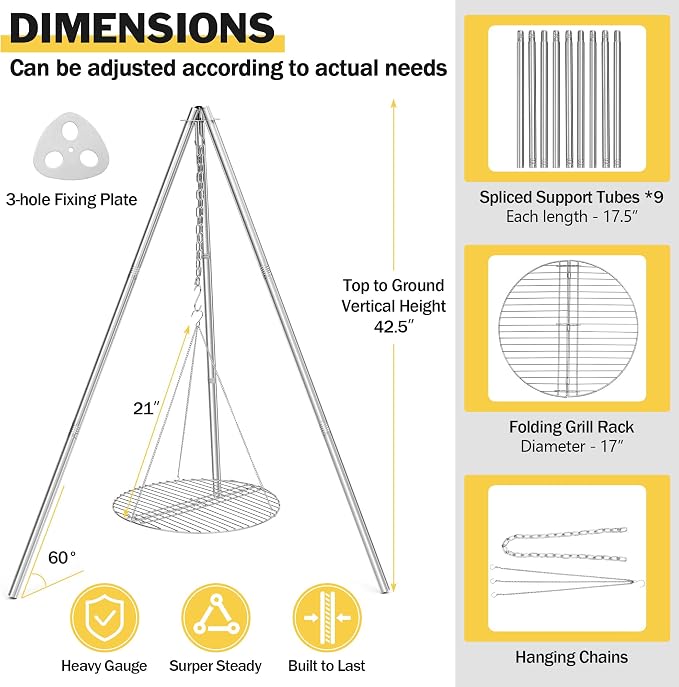 Joyfair Campfire Camping Tripod Grill Grate, Heavy Duty Stainless Steel - Image 8