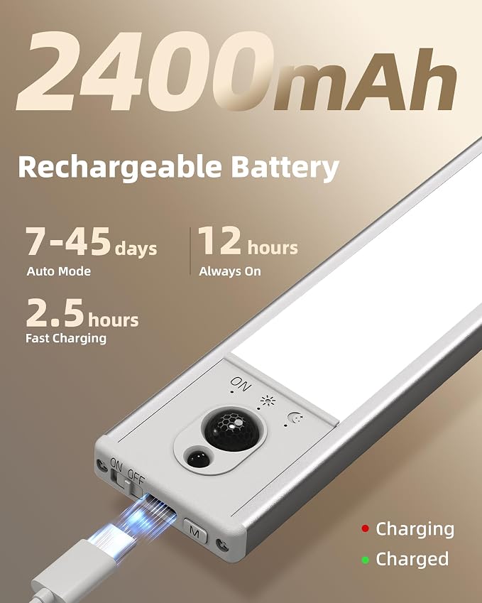 EZVALO 3-Pack Under Cabinet Lighting, 2400mAh Motion Sensor Light, LED Closet - Image 4