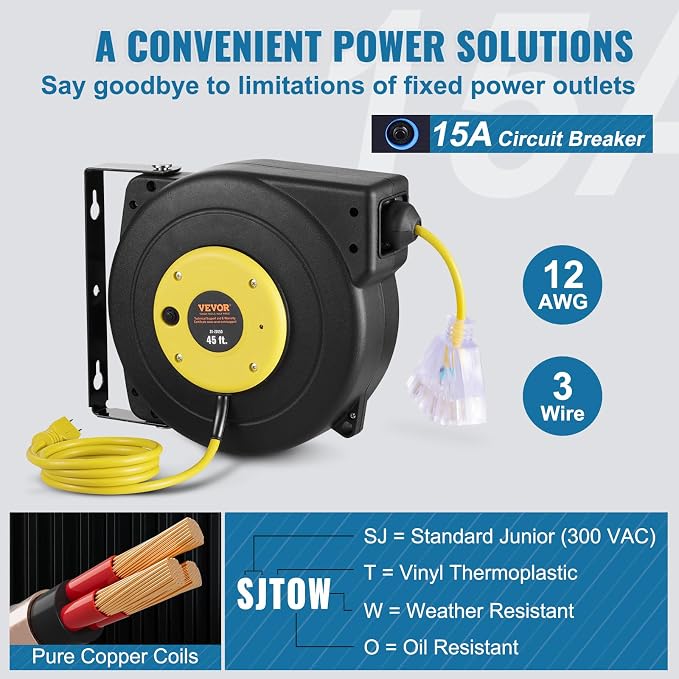 VEVOR Retractable Extension Cord Reel, 45 FT, Heavy Duty 12AWG/3C SJTOW - Image 4