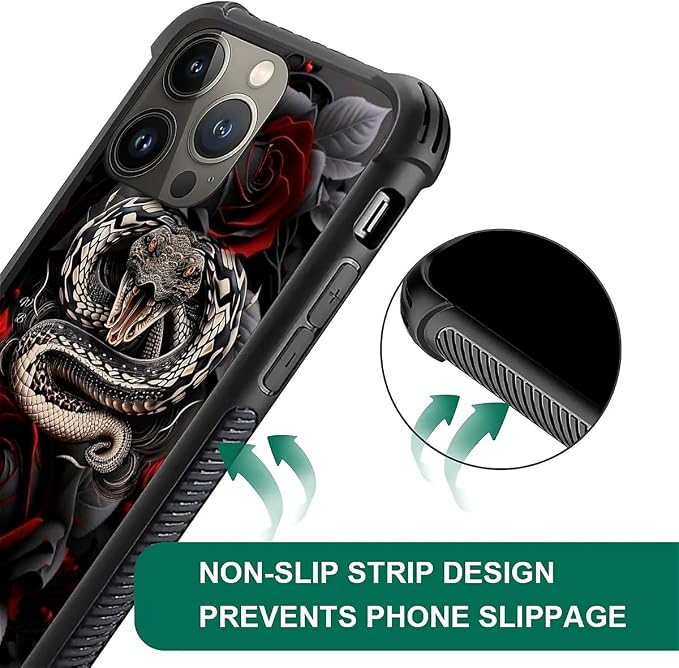 for iPhone 14 Pro Max Case, Entwined Rose Snake Pattern Graphic Design Girl Boy - Image 2