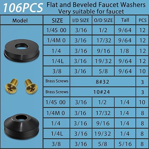 ZDBB 106 pcs Flat and Beveled Faucet Washers and Brass Bibb Screws Assortment - Image 2