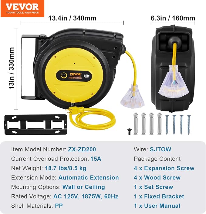 VEVOR Retractable Extension Cord Reel, 65 FT, Heavy Duty 12AWG/3C SJTOW - Image 7