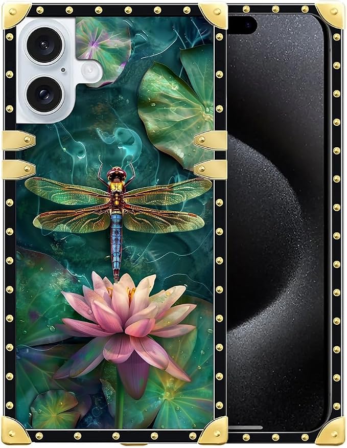 Compatible with iPhone 16 Case, Colourful Dragonfly Pink Lily Pads Luxury by Unknown