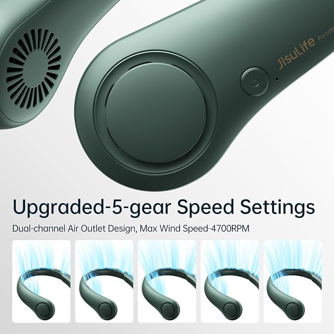JISULIFE Portable Neck Fan, Hands Free Bladeless Fan, 5 Speeds, 4000 mAh - Image 3