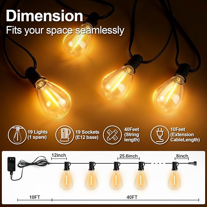50FT Outdoor String Lights, 15m Waterproof Remote LED Patio Lights - Image 2