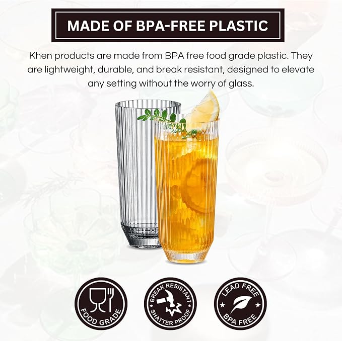 Khen Plastic Acrylic Ribbed Drinking Glasses – Set of 2 Clear 11.8oz Tritan - Image 3