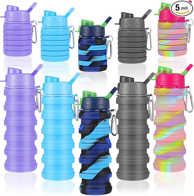 5 Pack Foldable Water Bottles, 16 oz Silicone Reusable Foldable Water Bottle by Unknown