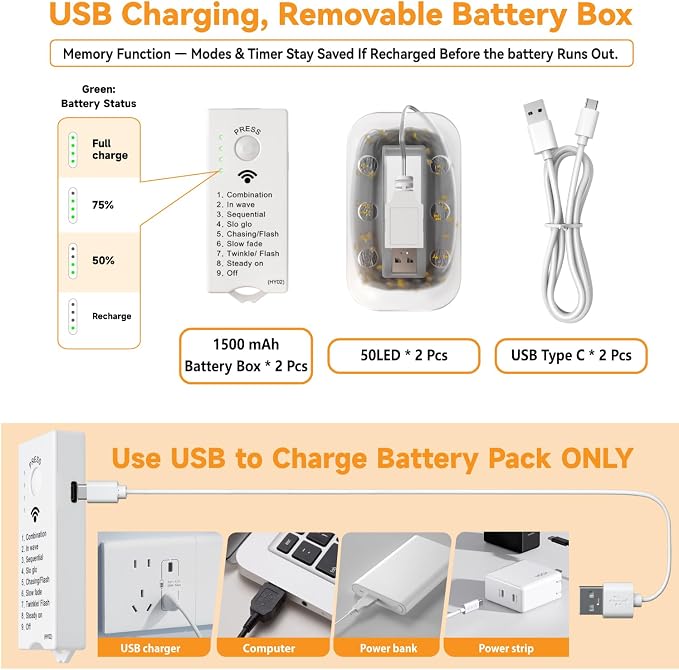 HXWEIYE Rechargeable Fairy Lights Battery Operated, DIY Timer & 8 Modes - Image 6