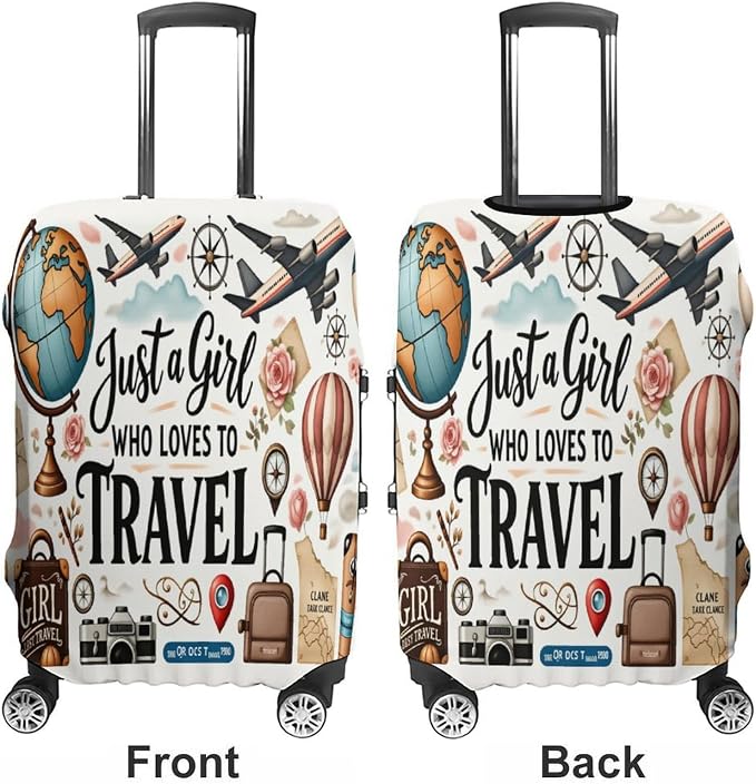 Travel Girl Adventure Globe Airplane Suitcase Camera Map Stretch Luggage Cover - Image 3