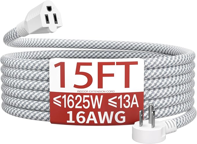 16/3 Flat Plug Braided Extension Cord 15 FT, Indoor 3 Prong Grounded Low by Skrizcable
