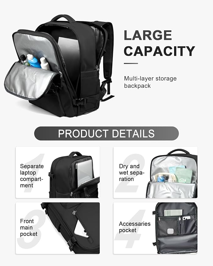 WONHOX Large Travel Backpack Carry on Flight Approved Laptop Work Business - Image 4