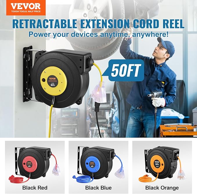 VEVOR Retractable Extension Cord Reel, 50 FT, Heavy Duty 14AWG/3C SJTOW - Image 2