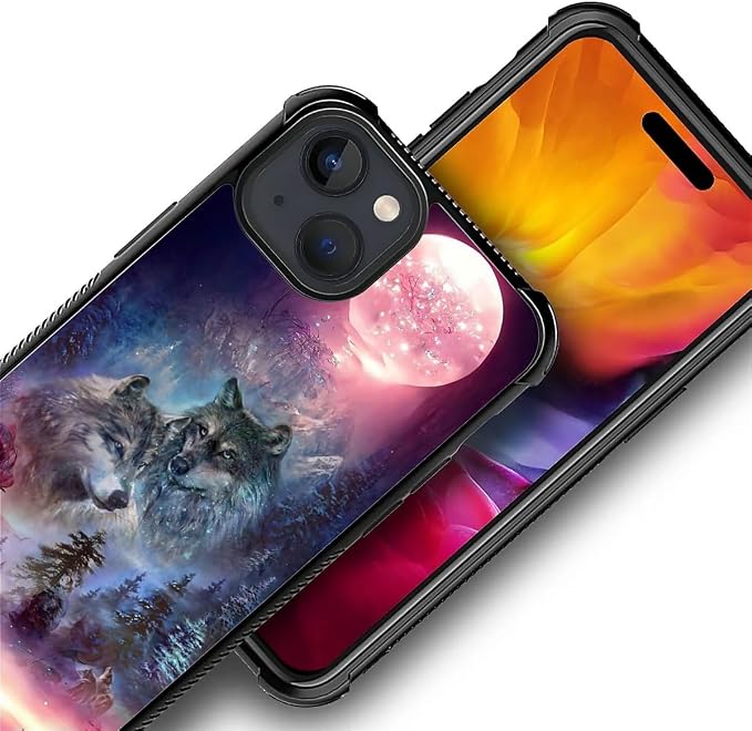 for iPhone 15 Plus Case, Star Two Wolfs Howling Pattern Graphic Design Girl Boy - Image 2