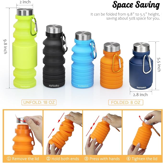 Nefeeko Collapsible Water Bottle, Reuseable BPA Free Silicone Foldable Water - Image 2