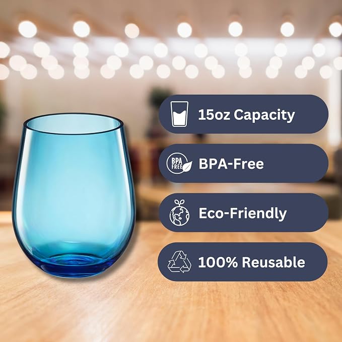 European Style Plastic Crystal Unbreakable Stemless Wine Glasses | Set of 12 | - Image 3