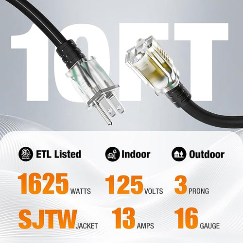 10 FT Outdoor Extension Cord Waterproof, 16/3 Gauge Heavy Duty 3 Prong Power - Image 2