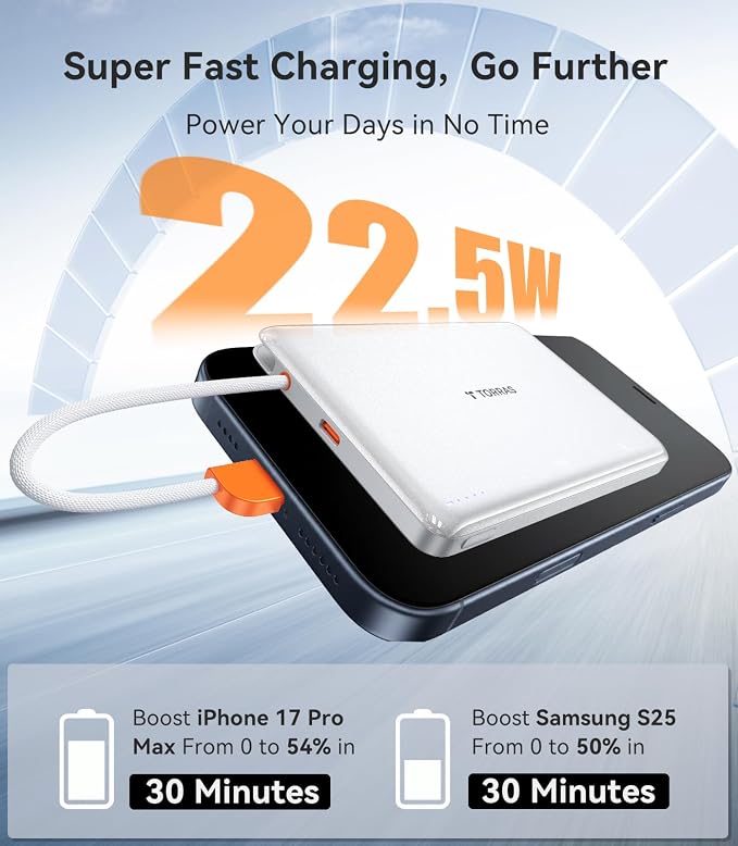 TORRAS Power Bank with Built-in USB-C Cable, Ultra-Slim 10, 000mAh Portable - Image 4