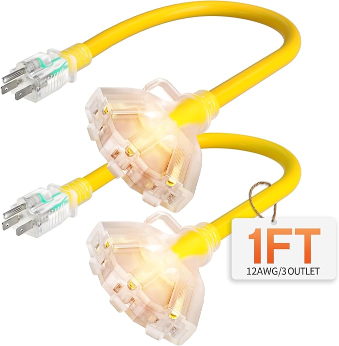 1 ft 12 Gauge Heavy Duty 3 Outlet Extension Cord Splitter by Deeklify