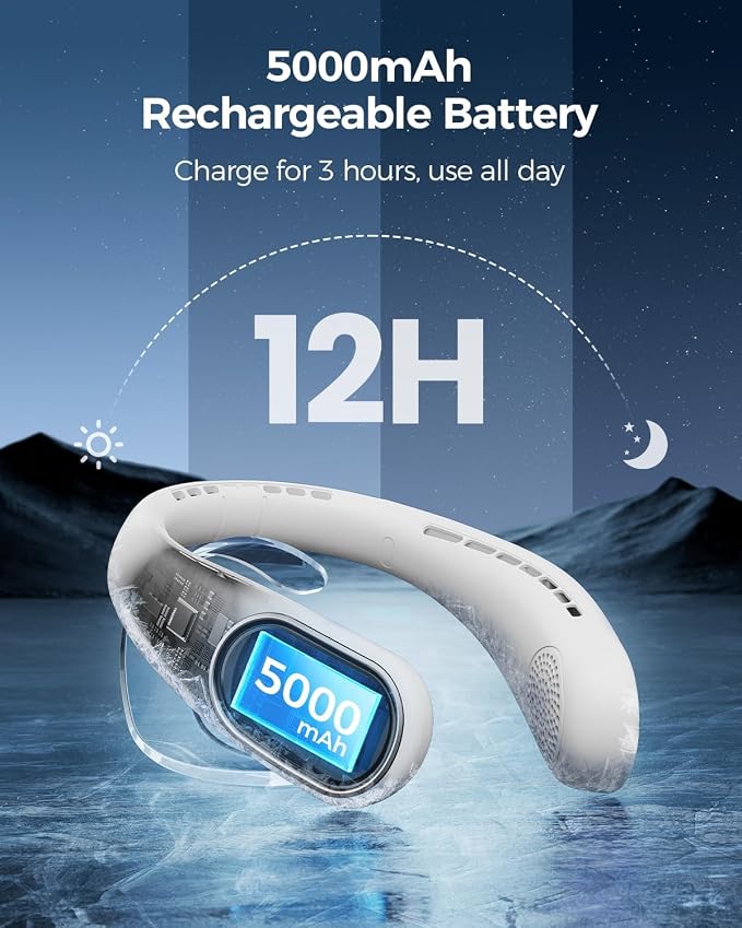 SHEWIND Portable Neck Fan - 5000mAh Rechargeable Hands-Free Wearable Fan | 4 - Image 3