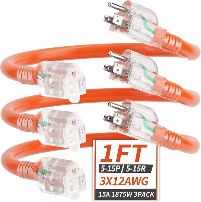 PlugSaf 1FT 12/3 Gauge Short Outdoor Extension Cord by PlugSaf