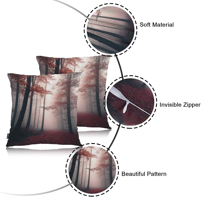 Swono Foggy Forest Throw Pillow Cases Pack of 2, Misty Autumn Tree Woods - Image 7