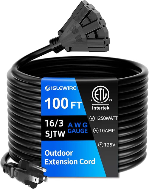 100 FT 3 Outlet Outdoor Extension Cord Waterproof, 16/3 SJTW Black Extension by ISLEWIRE