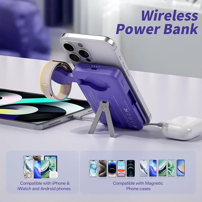 Magnetic Portable Charger Built-in Cables, 10000mAh Fast Charging Wireless - Image 3