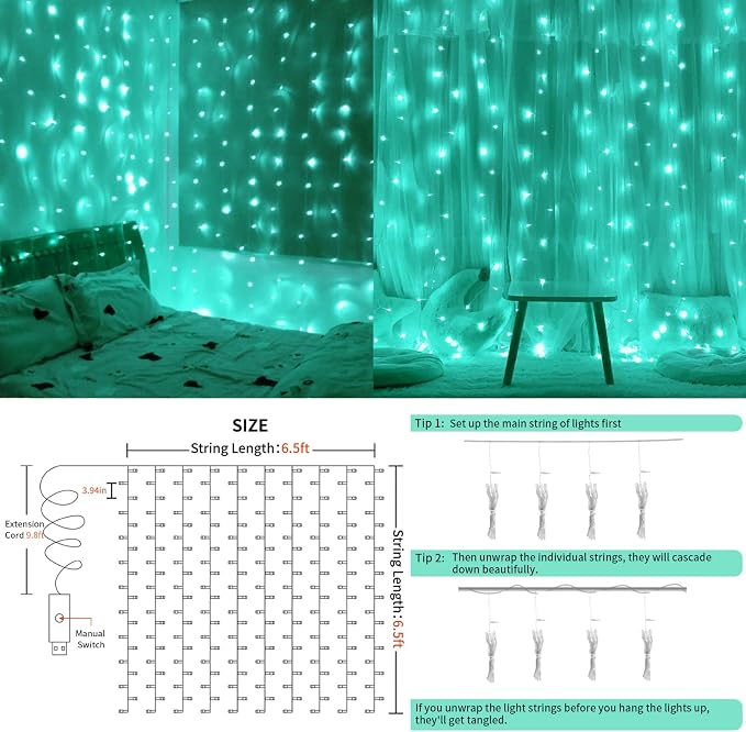 suddus Curtain Lights for Christmas, 200 Led 6.5ft x 6.5ft Hanging String - Image 6