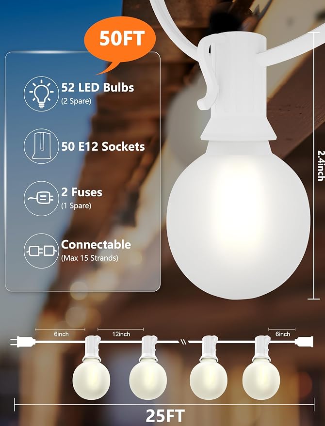 SUNSGNE White String Lights Outdoor, 50FT White Outdoor Lights - Image 2