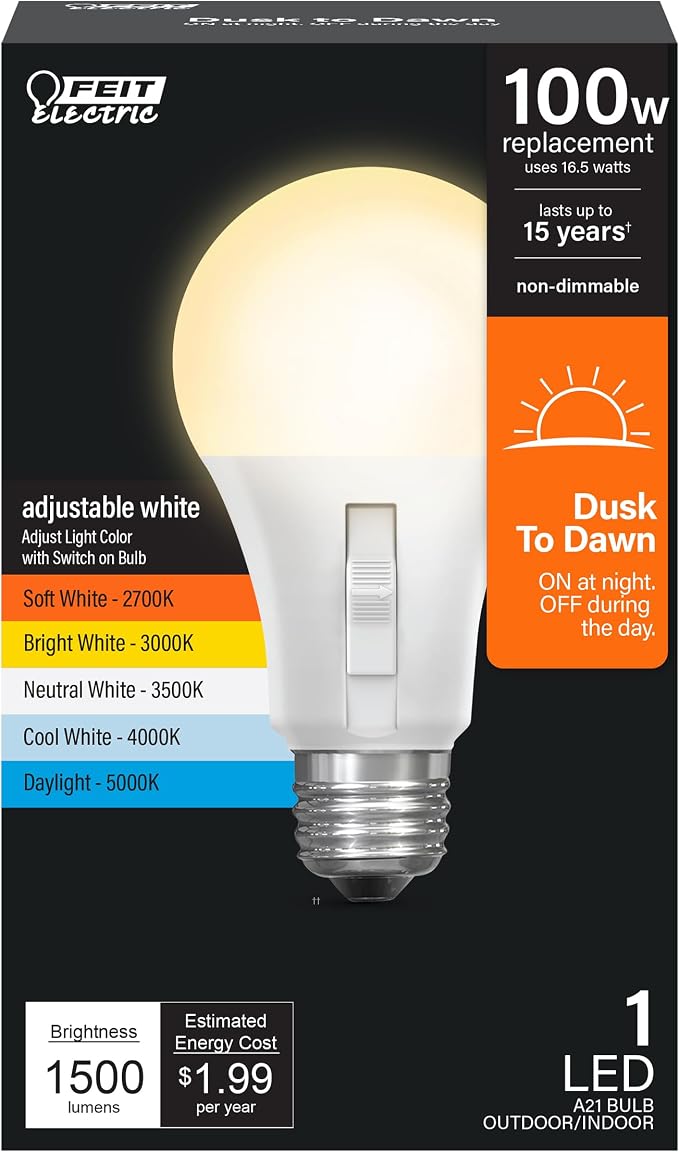 Feit Electric LED Dusk to Dawn Light Bulb, A21 100W Equivalent, Non-Dimmable by FeitElectricCompany