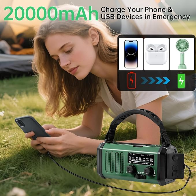 Emergency Radio Hand Crank Solar, AM/FM/NOAA Weather Radio Built-in 20000mah - Image 3
