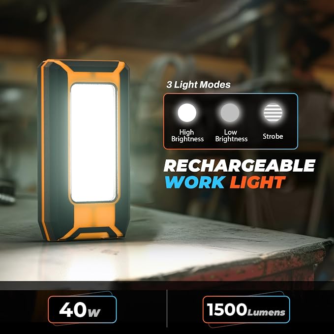 innofox 2-Pack LED Rechargeable Magnetic Work Light 1500 Lumens, Hanging Hook - Image 2