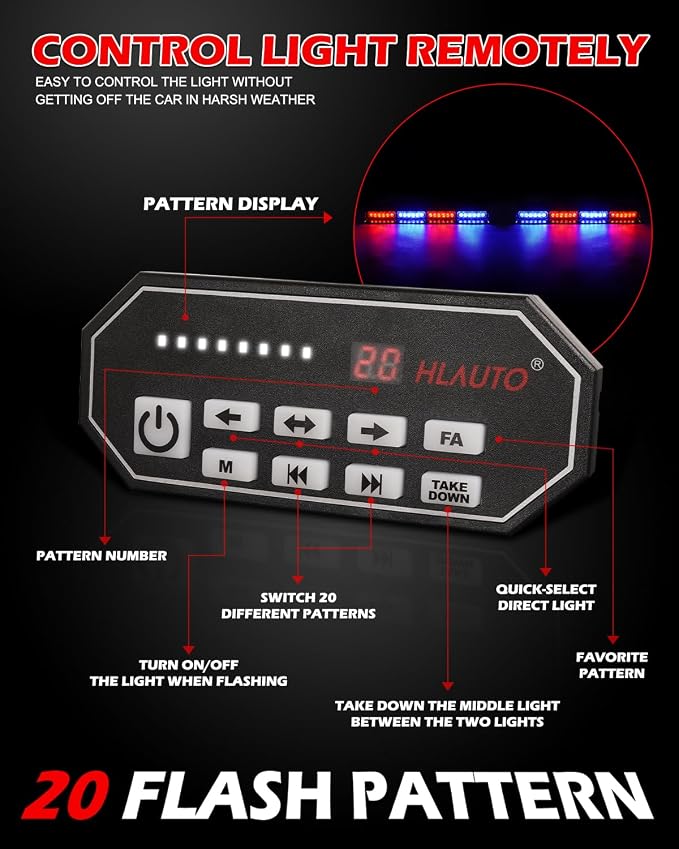 HLauto 604N Emergency Dash Strobe Lights: 2x16.8 inch Red Blue Security Light - Image 5