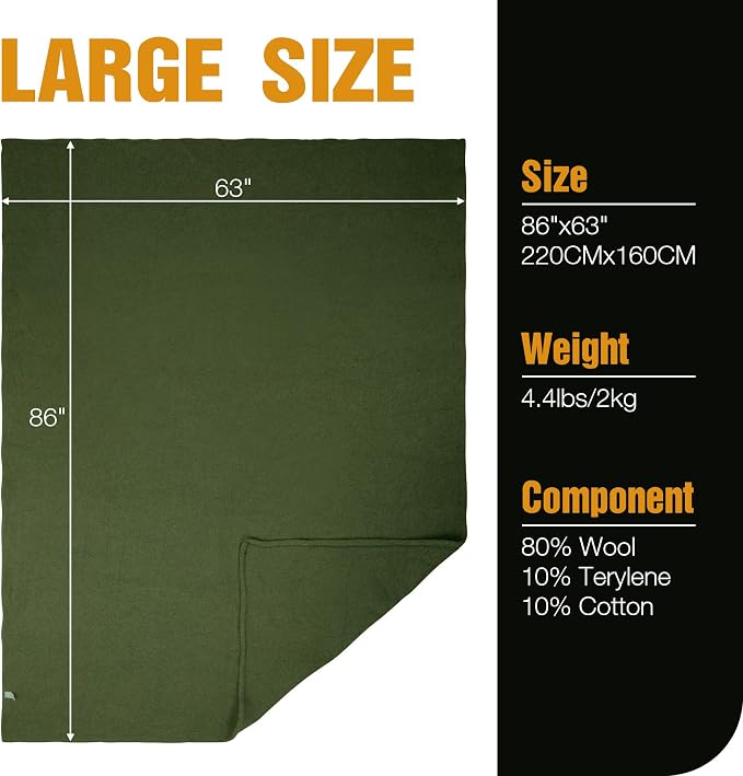 REDCAMP 86"x 63" Wool Blanket for Camping, Hiking - Image 2
